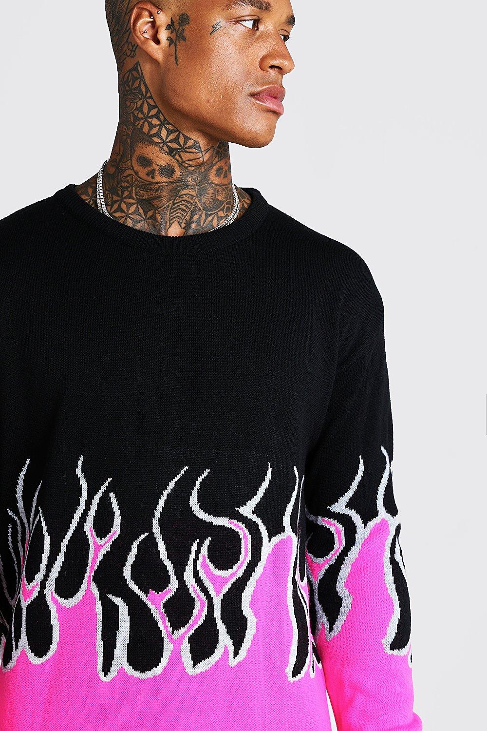 Loose Fit Knitted Sweater With Flames boohoo CA